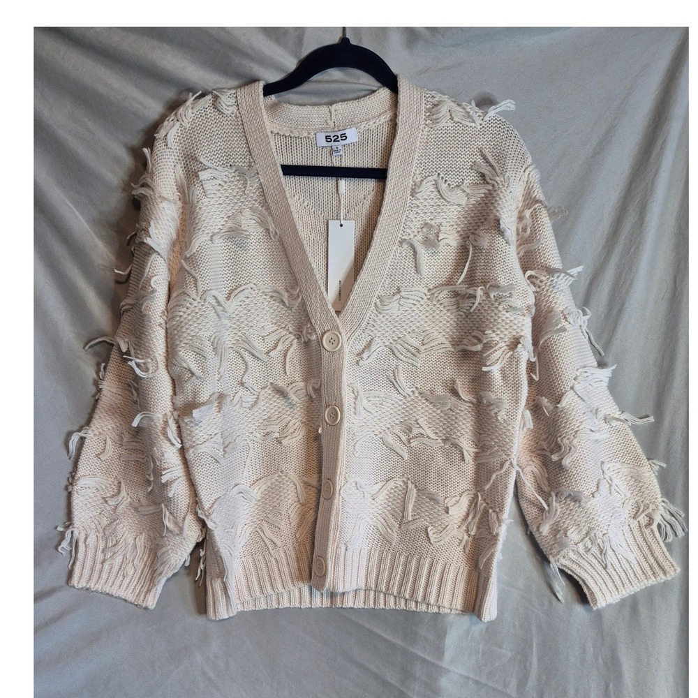 525 America Fringe Knit Cardigan Sweater, Button Front, Neutral Cream, Stylish
